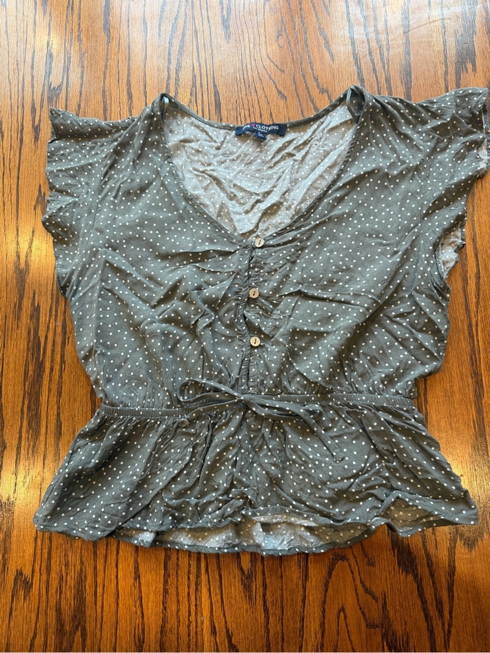 One Clothing Los Angeles Green Polka Dot Peplum Tie-Waist V-Neck Blouse Large